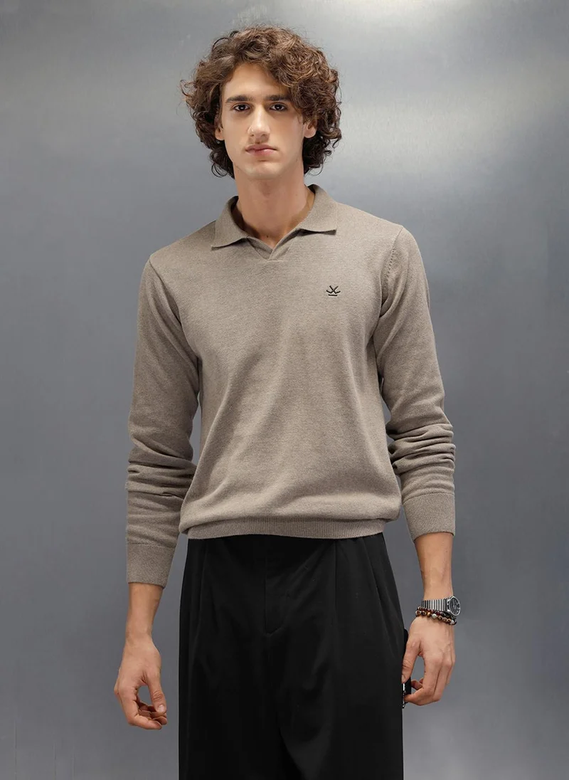 روجن Premium Flat Knit Johnny Collar Polo T-Shirt | Brown